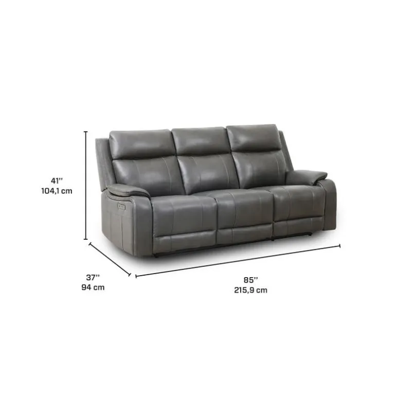 Power Leather Reclining Sofa with Adjustable Headrests - Grey