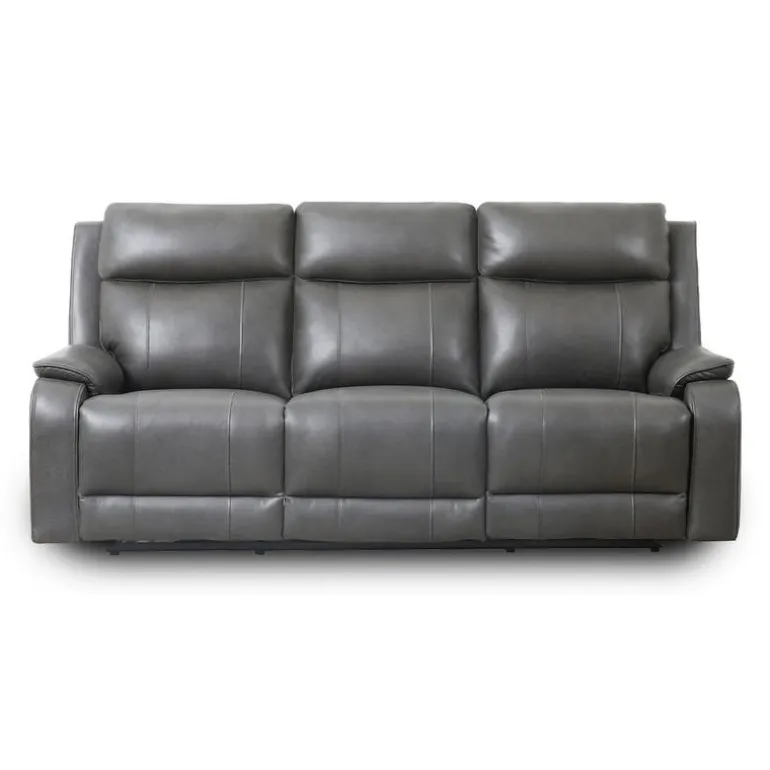 Power Leather Reclining Sofa with Adjustable Headrests - Grey
