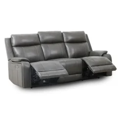 Power Leather Reclining Sofa with Adjustable Headrests - Grey