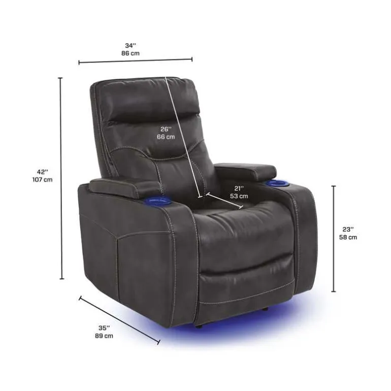 Power Recliner with Storage, Cup Holders and LED Lighting - Grey
