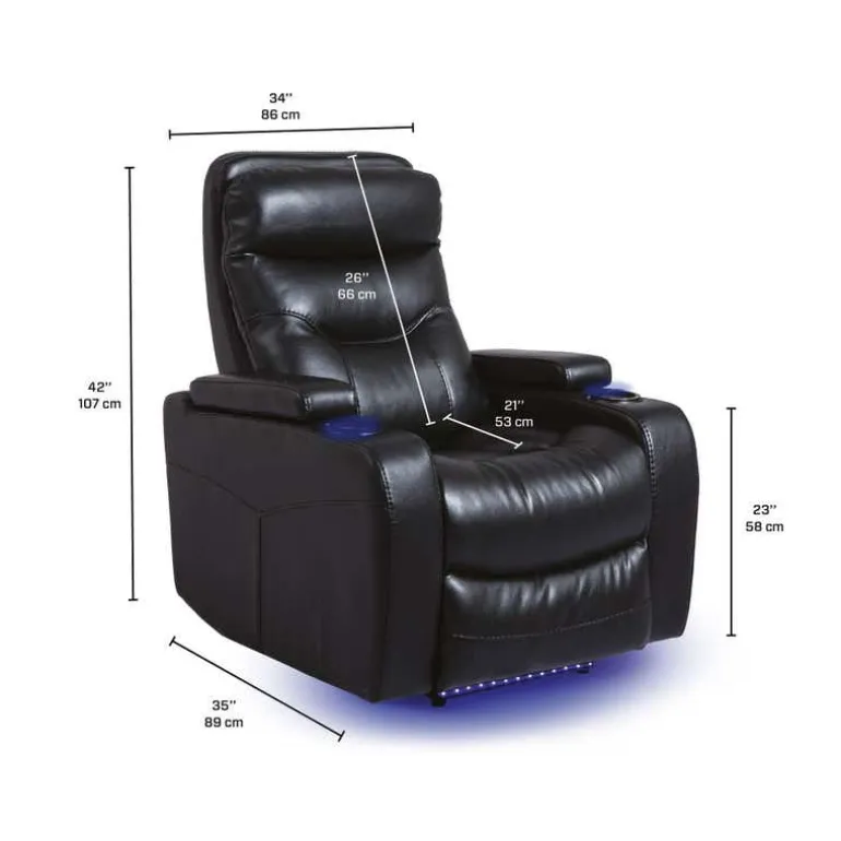 Power Recliner with Storage, Cup Holders and LED Lighting - Black