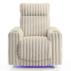 Power Swivel Corduroy Velvet Rocker Recliner with Cup Holders and LED Lighting - Beige