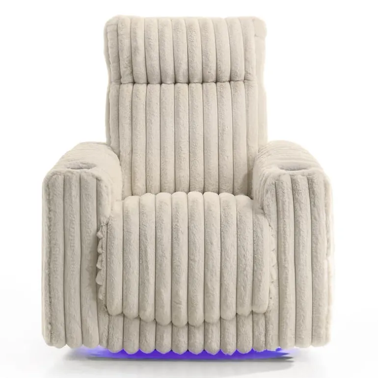 Power Swivel Corduroy Velvet Rocker Recliner with Cup Holders and LED Lighting - Beige