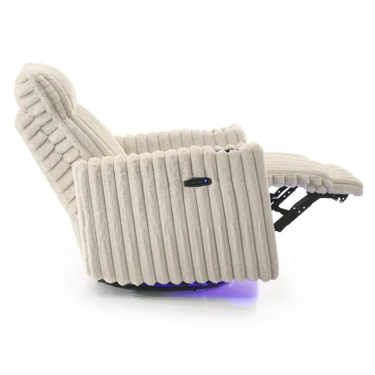 Power Swivel Corduroy Velvet Rocker Recliner with Cup Holders and LED Lighting - Beige
