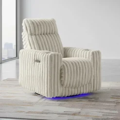 Power Swivel Corduroy Velvet Rocker Recliner with Cup Holders and LED Lighting - Beige