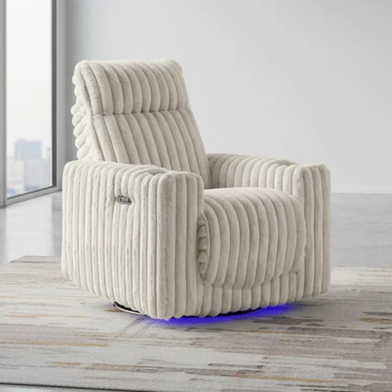 Power Swivel Corduroy Velvet Rocker Recliner with Cup Holders and LED Lighting - Beige