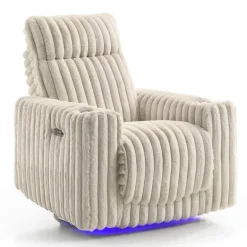 Power Swivel Corduroy Velvet Rocker Recliner with Cup Holders and LED Lighting - Beige