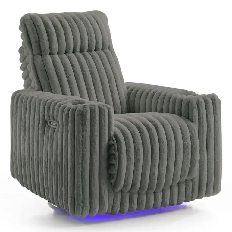 Power Swivel Corduroy Velvet Rocker Recliner with Cup Holders and LED Lighting - Grey