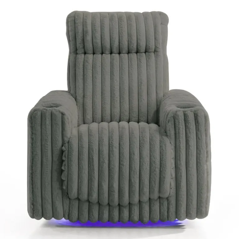 Power Swivel Corduroy Velvet Rocker Recliner with Cup Holders and LED Lighting - Grey