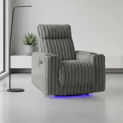 Power Swivel Corduroy Velvet Rocker Recliner with Cup Holders and LED Lighting - Grey