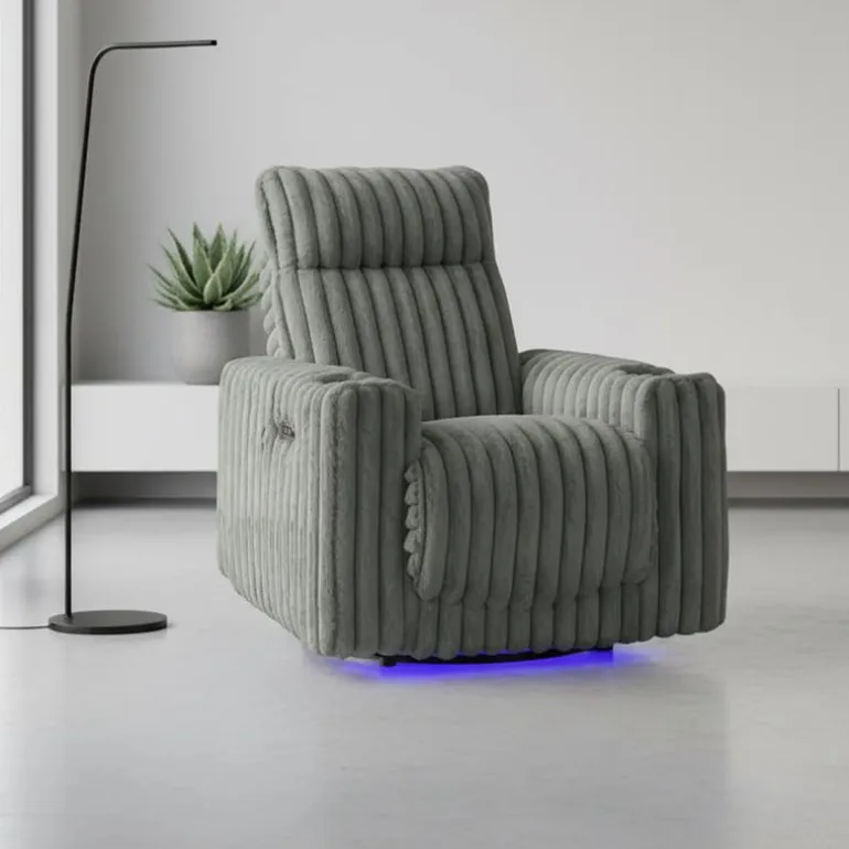 Power Swivel Corduroy Velvet Rocker Recliner with Cup Holders and LED Lighting - Grey