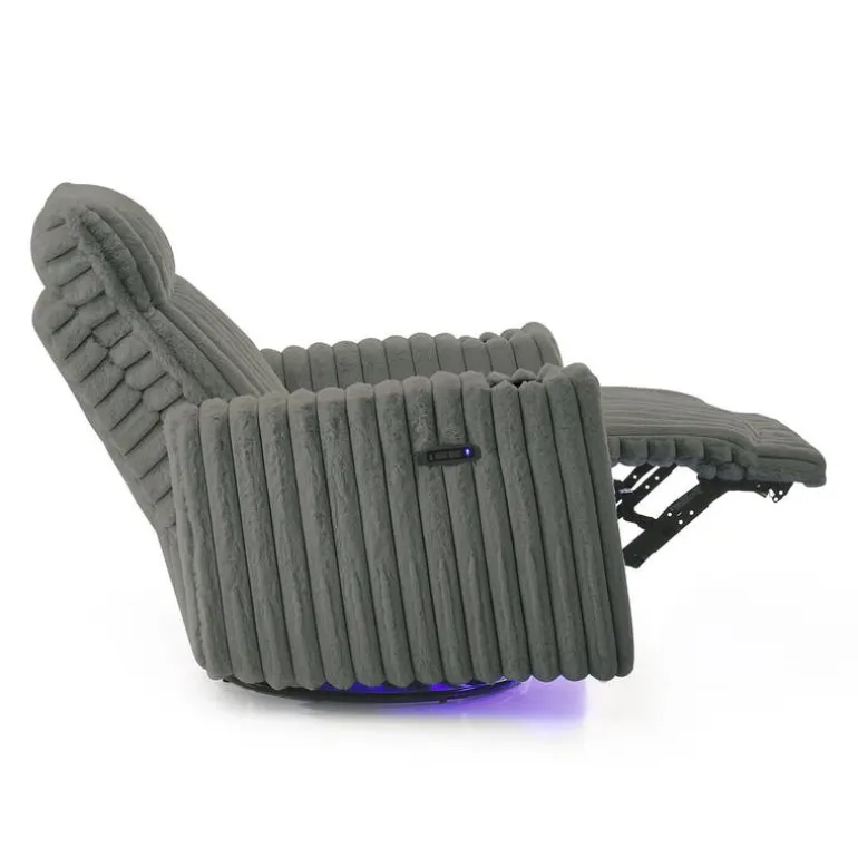 Power Swivel Corduroy Velvet Rocker Recliner with Cup Holders and LED Lighting - Grey