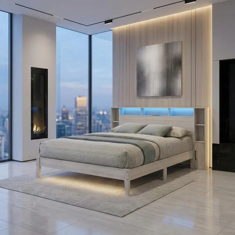 Queen Bed with LED, Wireless Charger, USB and Storage - 60"