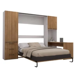 Queen Murphy Bed with Storage Units and Desk - Brown