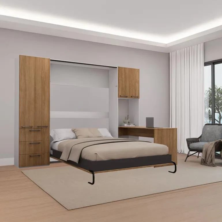 Queen Murphy Bed with Storage Units and Desk - Brown