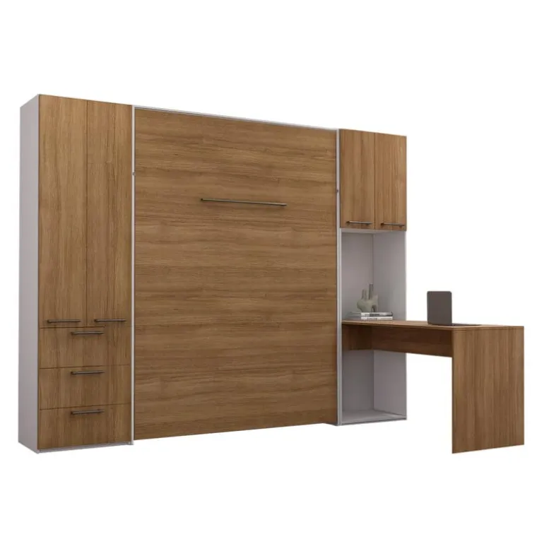 Queen Murphy Bed with Storage Units and Desk - Brown