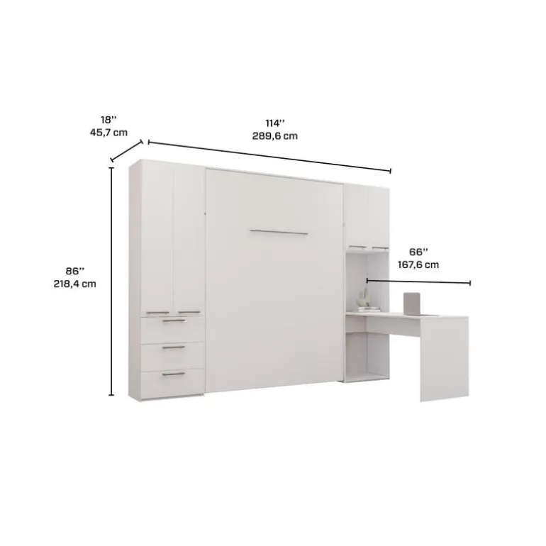 Queen Murphy Bed with Storage Units and Desk - White