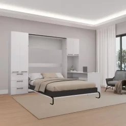 Queen Murphy Bed with Storage Units and Desk - White