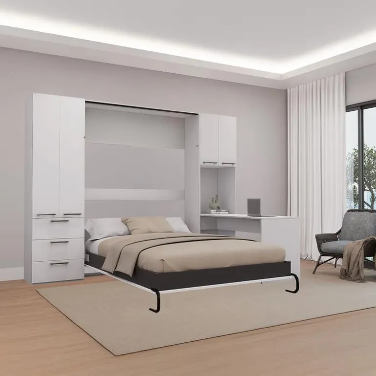 Queen Murphy Bed with Storage Units and Desk - White