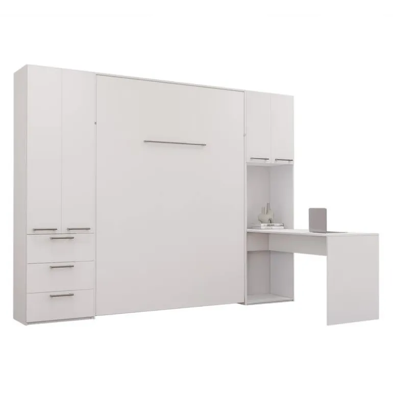 Queen Murphy Bed with Storage Units and Desk - White