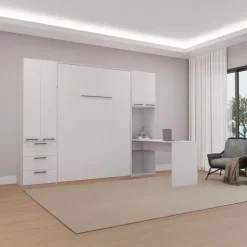 Queen Murphy Bed with Storage Units and Desk - White