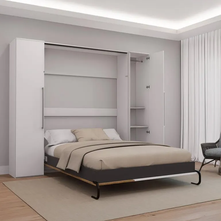 Queen Murphy Bed with Storage Units - White & Brown