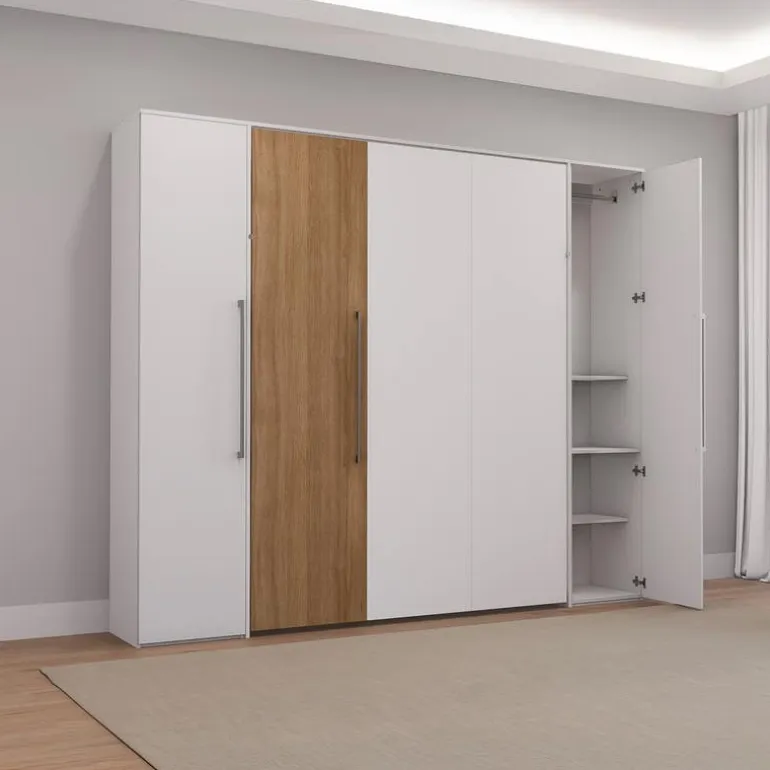 Queen Murphy Bed with Storage Units - White & Brown