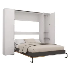 Queen Murphy Bed with Storage Units - White & Brown