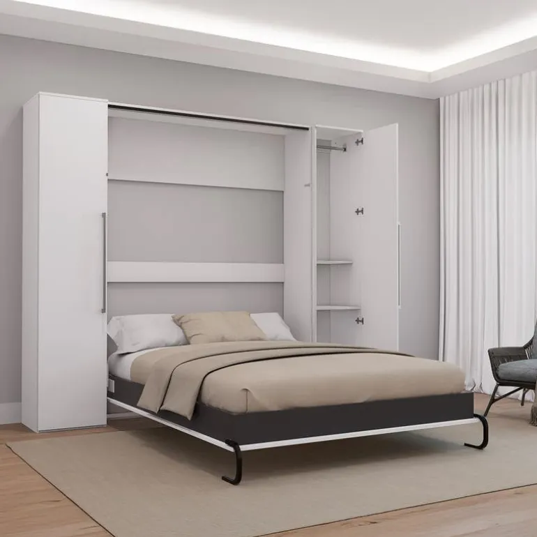 Queen Murphy Bed with Storage Units - White