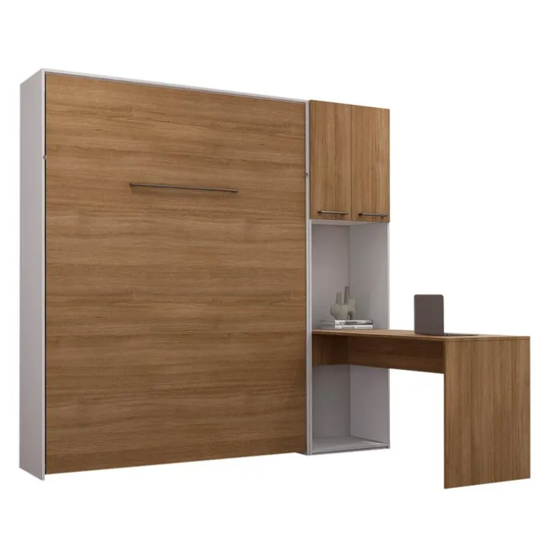 Queen Murphy Bed with Storage Cabinets and Desk - Brown