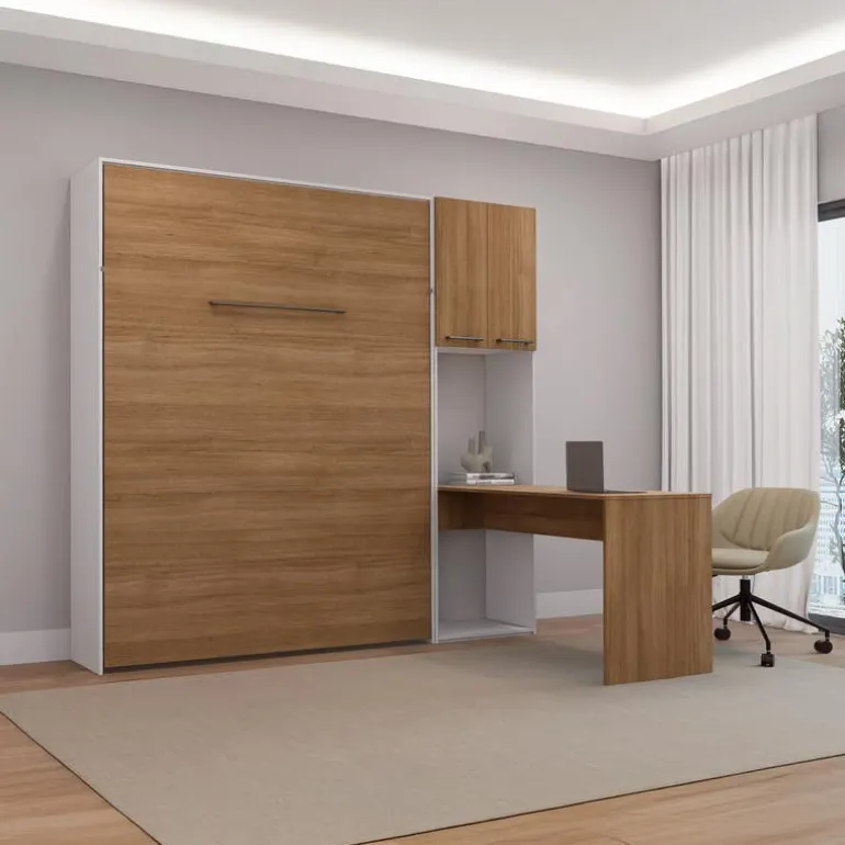 Queen Murphy Bed with Storage Cabinets and Desk - Brown