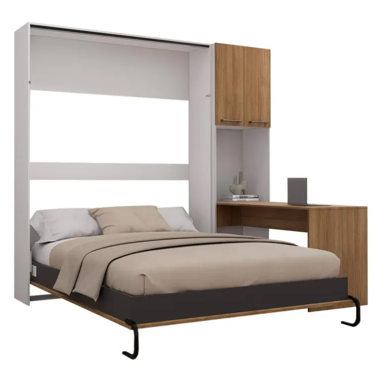 Queen Murphy Bed with Storage Cabinets and Desk - Brown