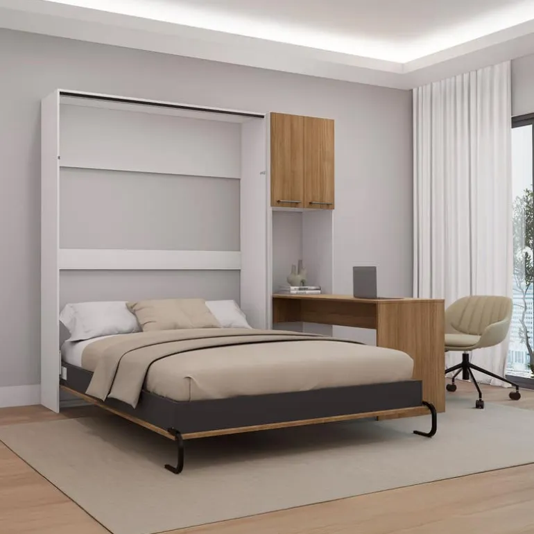 Queen Murphy Bed with Storage Cabinets and Desk - Brown
