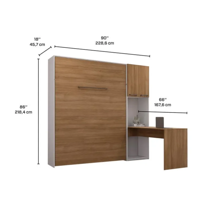 Queen Murphy Bed with Storage Cabinets and Desk - Brown