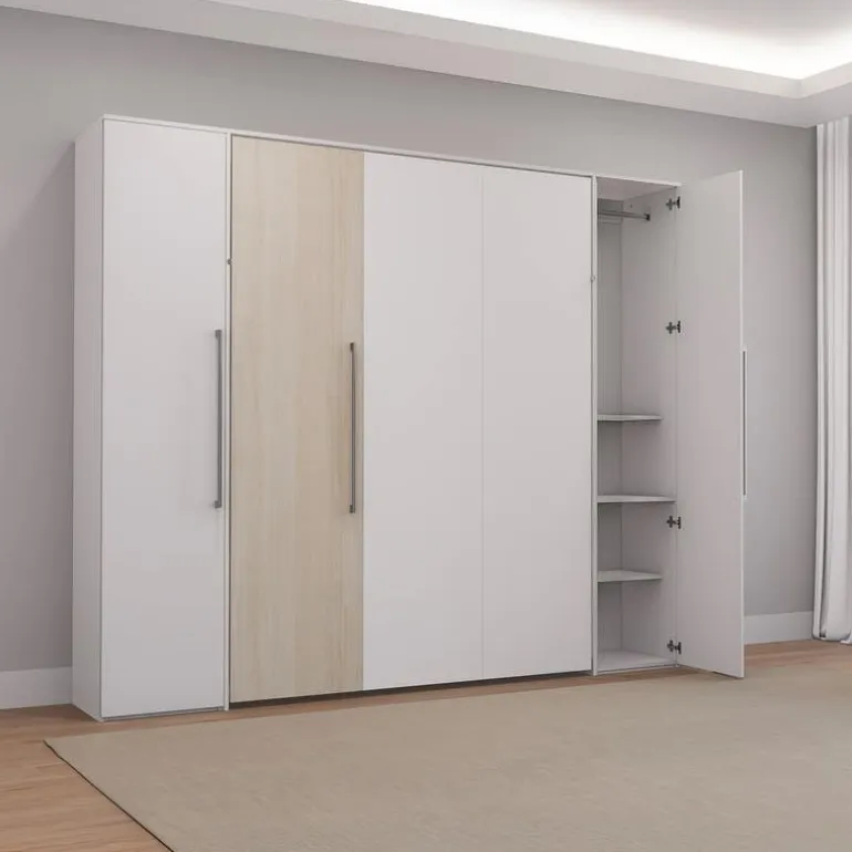 Queen Murphy Bed with Storage Units - White & Grey
