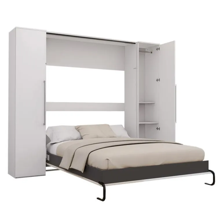 Queen Murphy Bed with Storage Units - White & Grey