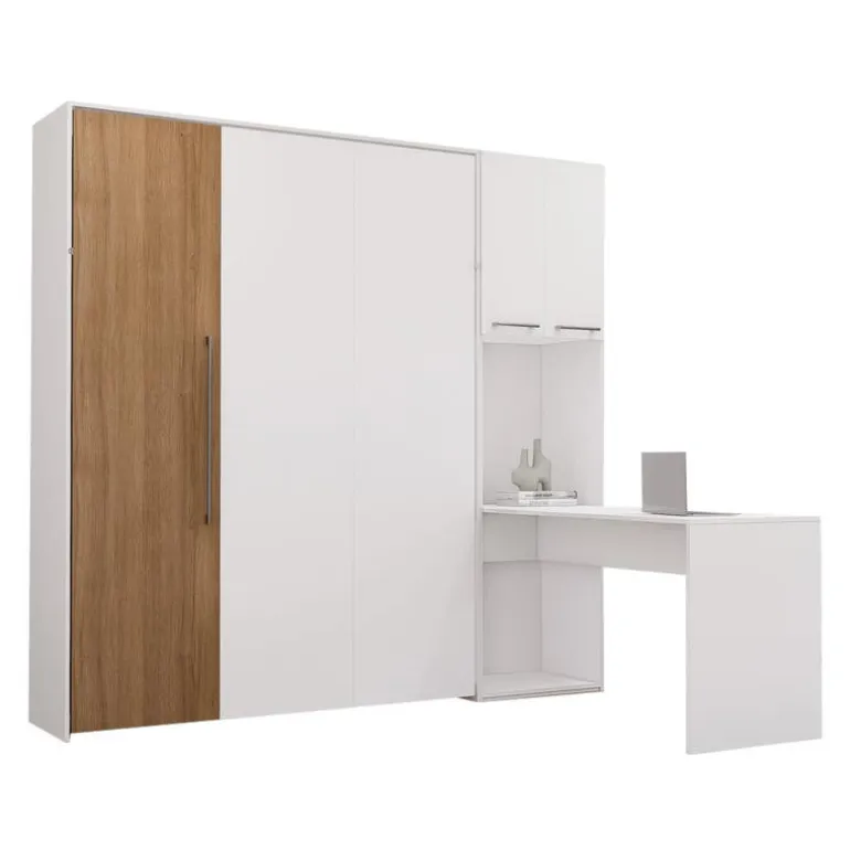 Queen Murphy Bed with Storage Cabinets and Desk - White & Brown