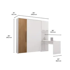 Queen Murphy Bed with Storage Cabinets and Desk - White & Brown