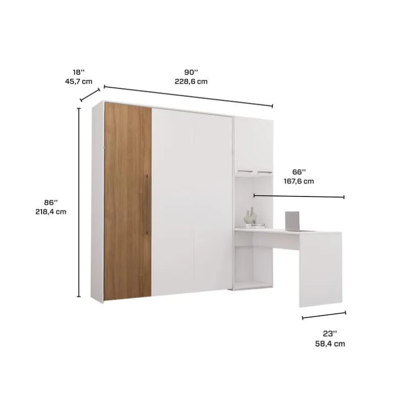 Queen Murphy Bed with Storage Cabinets and Desk - White & Brown