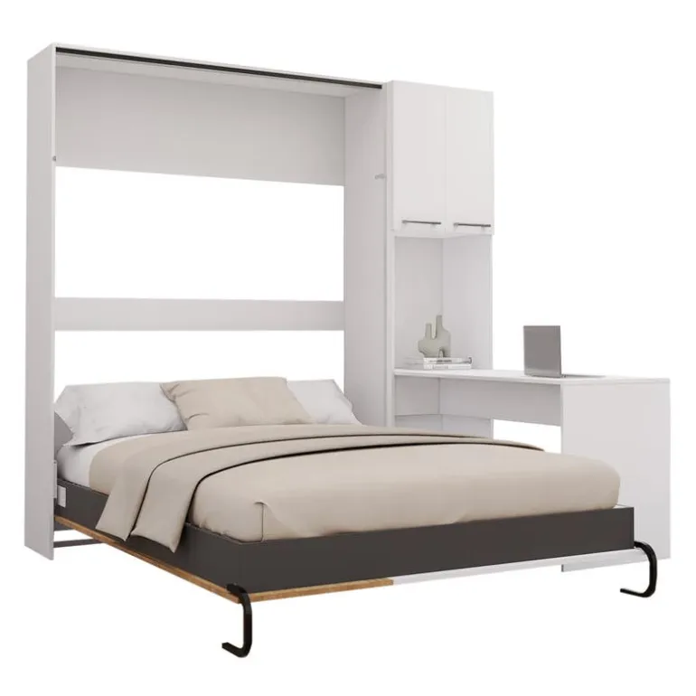 Queen Murphy Bed with Storage Cabinets and Desk - White & Brown