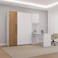 Queen Murphy Bed with Storage Cabinets and Desk - White & Brown