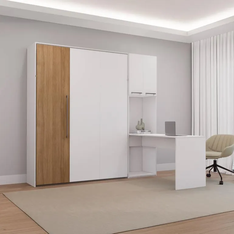 Queen Murphy Bed with Storage Cabinets and Desk - White & Brown