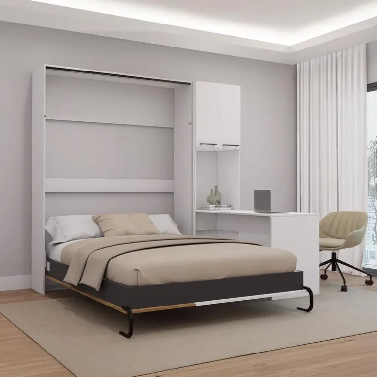 Queen Murphy Bed with Storage Cabinets and Desk - White & Brown