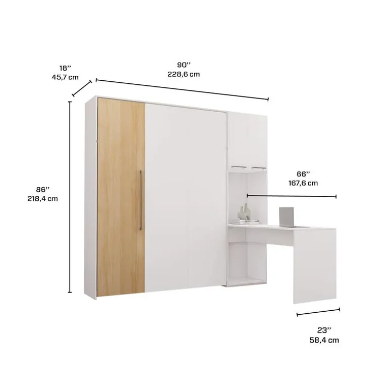 Queen Murphy Bed with Storage Cabinets and Desk - White & Natural