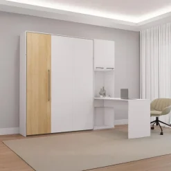 Queen Murphy Bed with Storage Cabinets and Desk - White & Natural