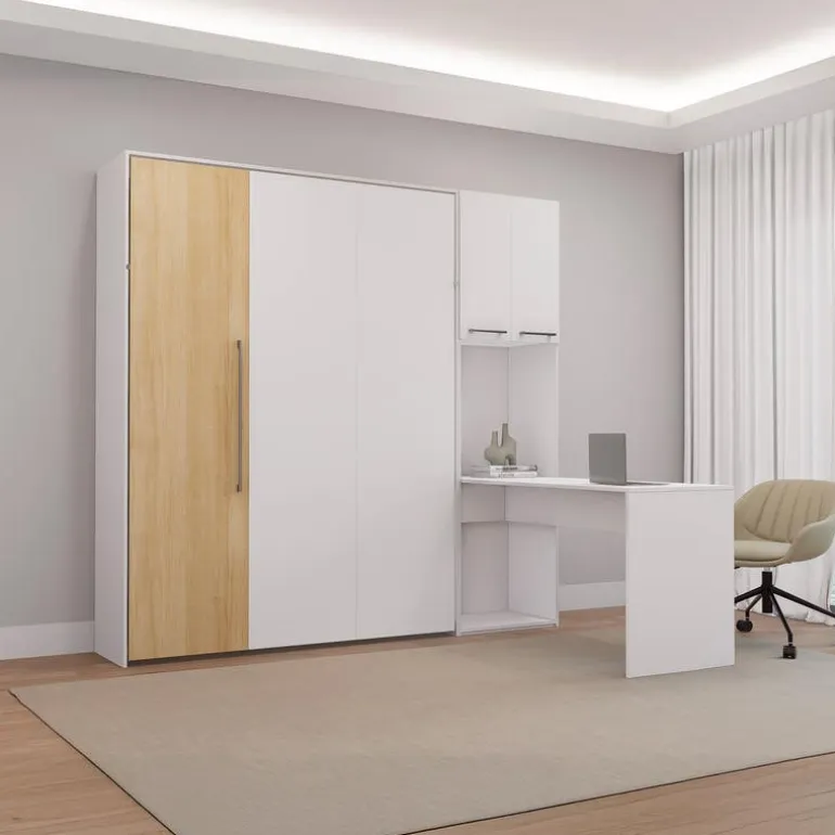 Queen Murphy Bed with Storage Cabinets and Desk - White & Natural