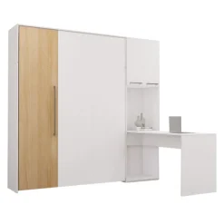 Queen Murphy Bed with Storage Cabinets and Desk - White & Natural