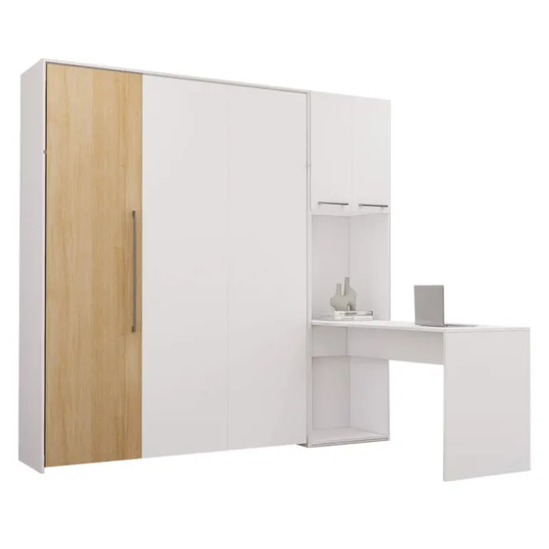 Queen Murphy Bed with Storage Cabinets and Desk - White & Natural