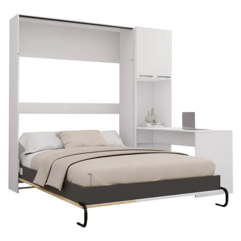 Queen Murphy Bed with Storage Cabinets and Desk - White & Natural