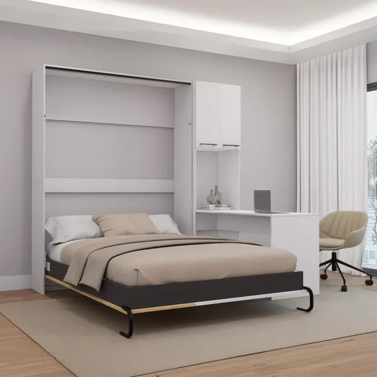 Queen Murphy Bed with Storage Cabinets and Desk - White & Natural